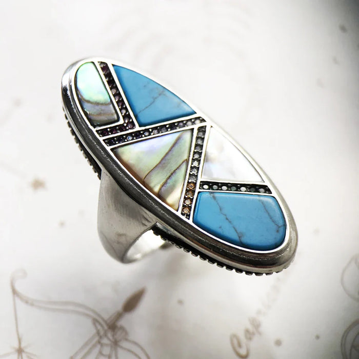925 Sterling Silver Autumn Mystical Turquoise Ring Lucky Statement Jewelry For Women