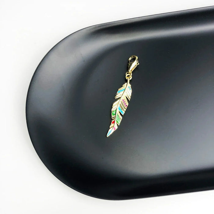 925 Sterling Silver Golden Feather & Oval Cz Charm Necklace Fashion Jewelry For Women