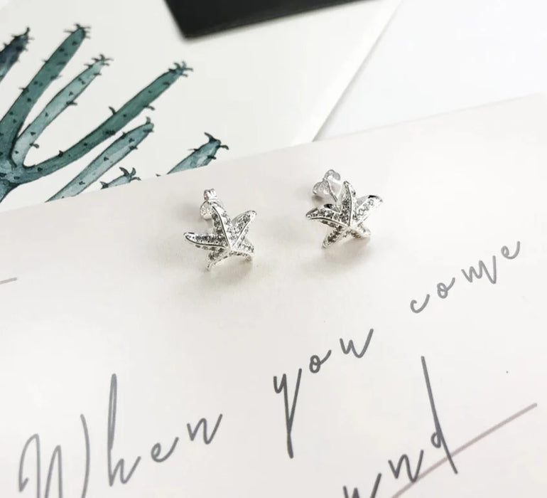 925 Sterling Silver Stylish Starfish Pave Stud Earrings