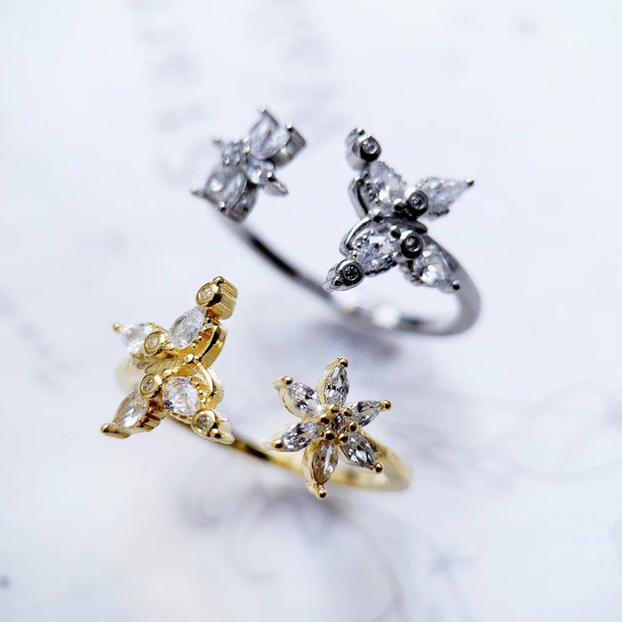 925 Sterling Silver Flower & Butterfly Ring Romantic Gift