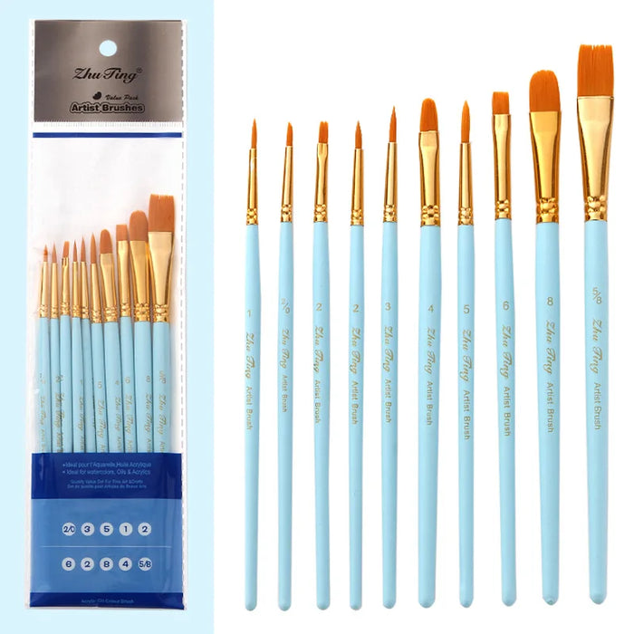 10 Piece Art Brush Set For Acrylic Gouache Oil Watercolour Wooden Handle Synthetic Nylon Tips