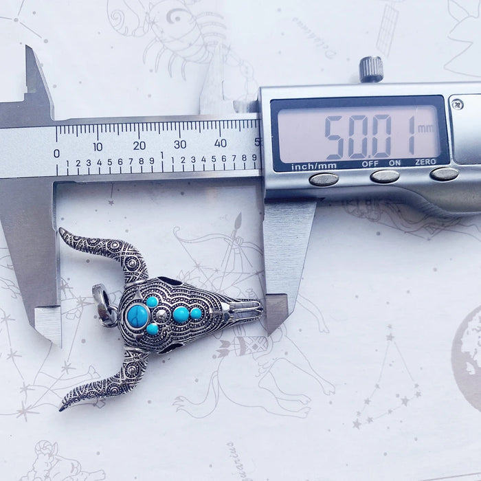 925 Sterling Silver Blue Bull Head Skull Pendant Turquoise Rebel Jewelry For Men & Women