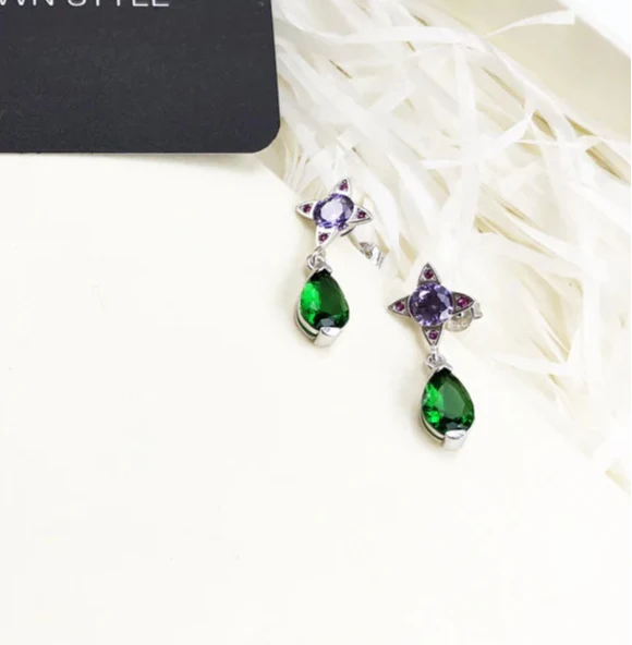 925 Sterling Silver Green Drop & Purple Star Studs Boho Gift