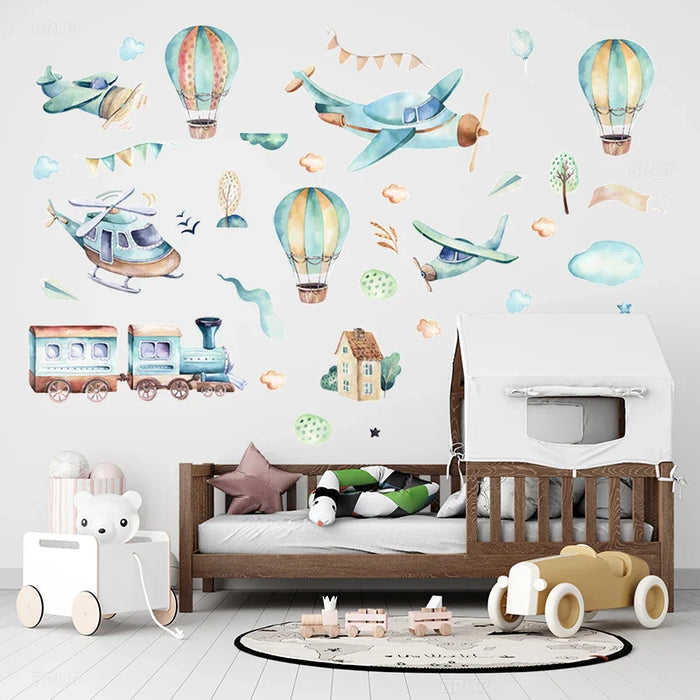 Cartoon Airplane & Train Wall Stickers For Kids Room Decor