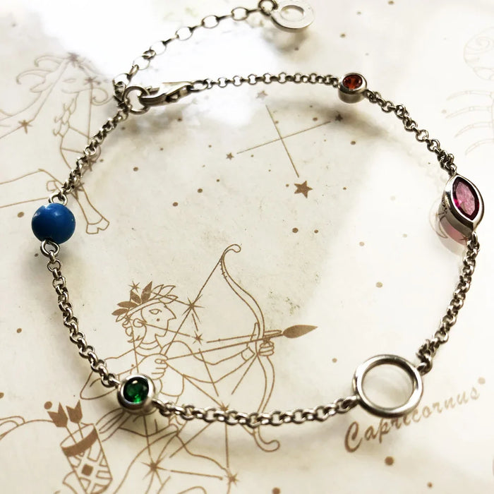 925 Sterling Silver Coloured Stones Charm Bracelet Link Chain Stylish For Women