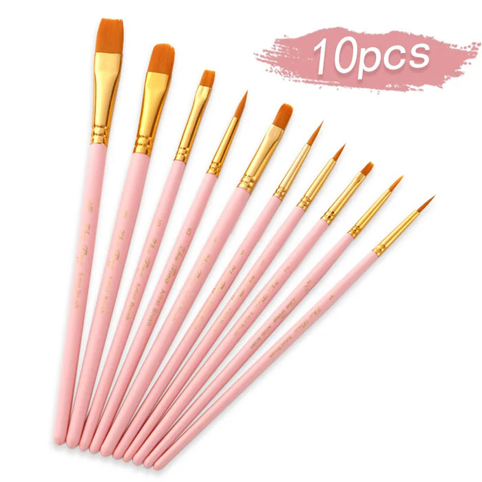 10 Piece Art Brush Set For Acrylic Gouache Oil Watercolour Wooden Handle Synthetic Nylon Tips