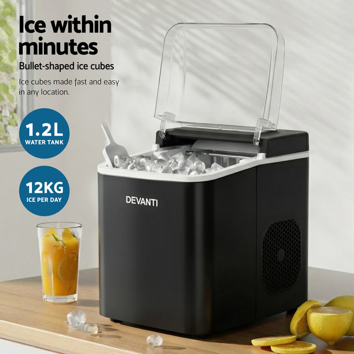 Ice Maker Machine Portable 12Kg Countertop W/Self Cleaning 1.2L Black