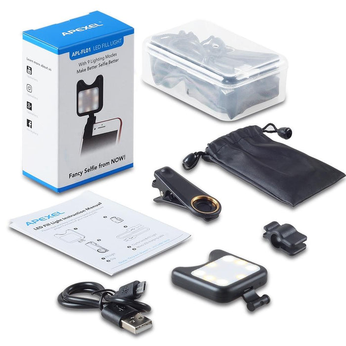 Apl-Fl01 Universal Phone Camera Lens Selfie Led Fill Light With Clip For Iphone Samsung Huawei Xiaomi Htc And Other Smartphones Black