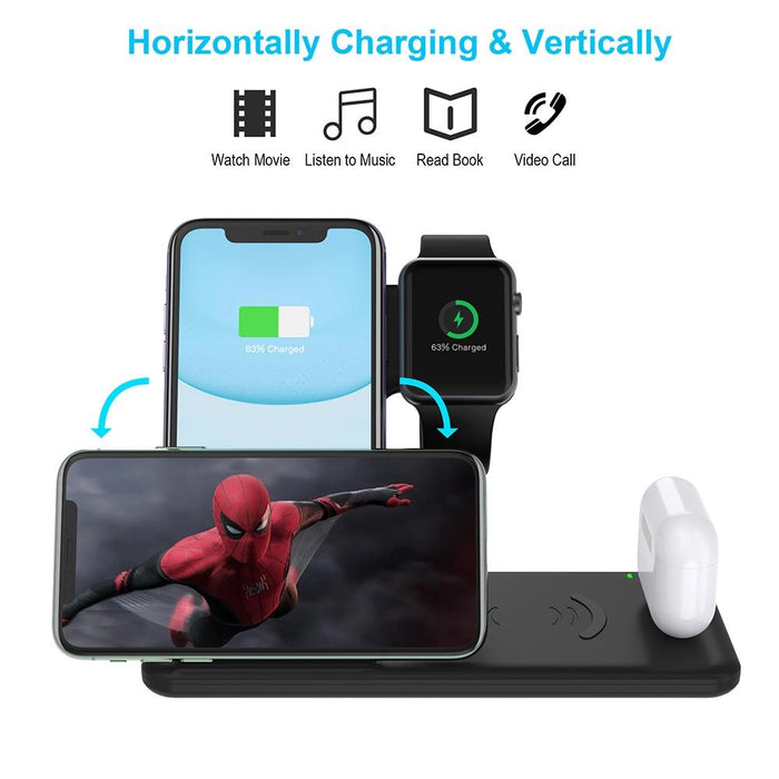 4 In 1 Wireless Charger Stand For Iphone Apple Watch Airpods Dual Phone Charging Black