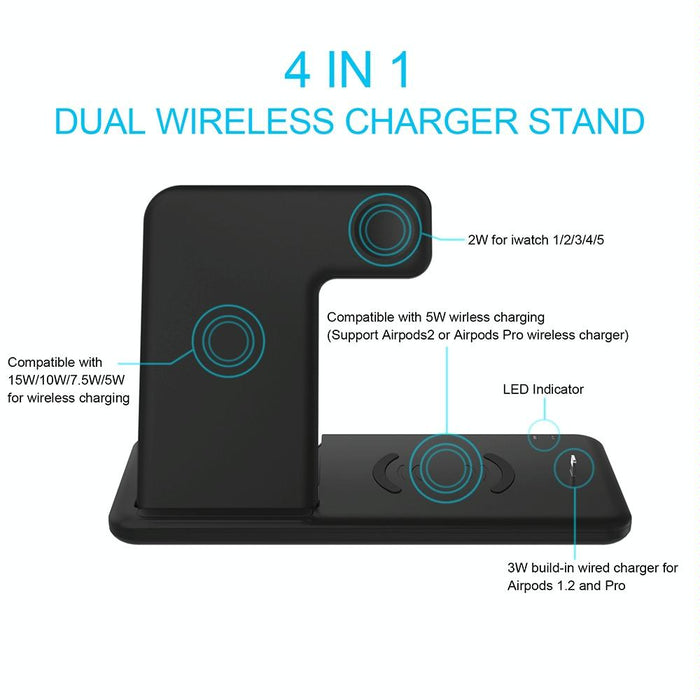4 In 1 Wireless Charger Stand For Iphone Apple Watch Airpods Dual Phone Charging Black