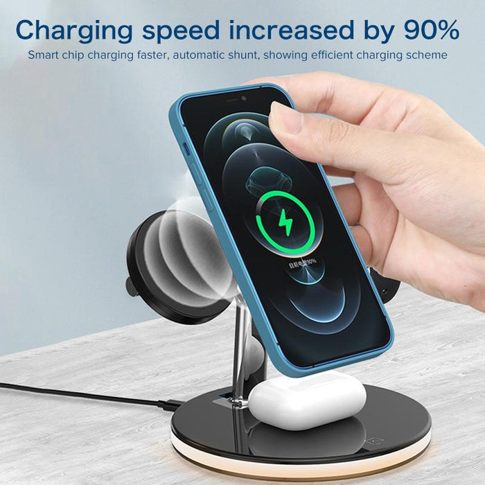 15W 3 In 1 Magnetic Wireless Charger For Phones Watches And Airpods With Led Light