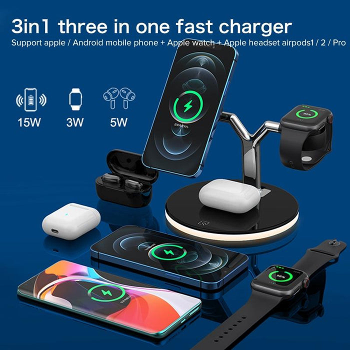 15W 3 In 1 Magnetic Wireless Charger For Phones Watches And Airpods With Led Light