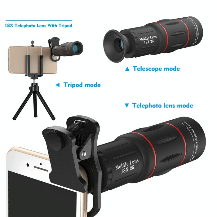 3 In 1 Universal 18X Telephoto Lens + Tripod Mount + Mobile Phone Clip