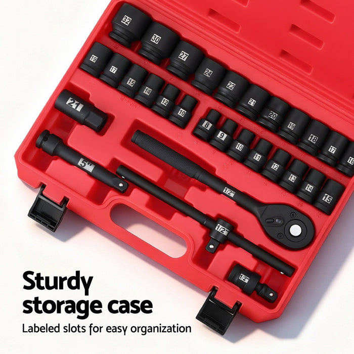 30Pc 1/2" Drive Socket Set Cr-V Steel 8-32Mm Workshop Repair