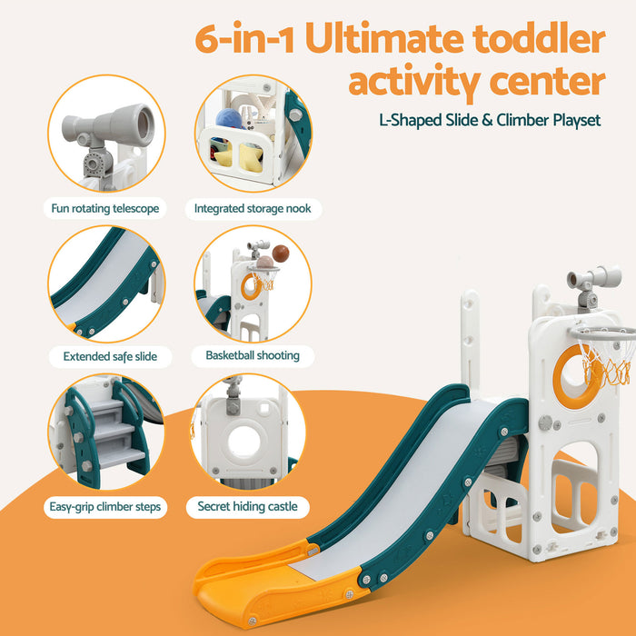 Kids Slide Set Basketball Hoop Outdoor Playground Outdoor Toys Telescope Storage