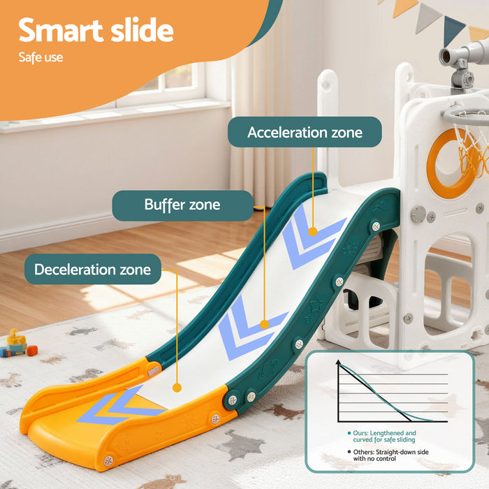 Kids Slide Set Basketball Hoop Outdoor Playground Outdoor Toys Telescope Storage
