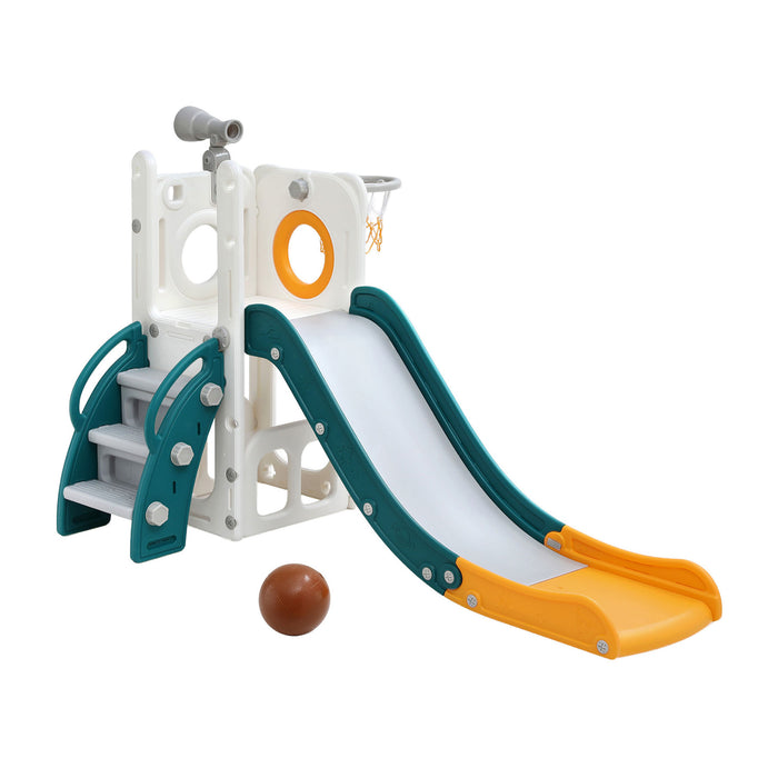 Kids Slide Set Basketball Hoop Outdoor Playground Outdoor Toys Telescope Storage