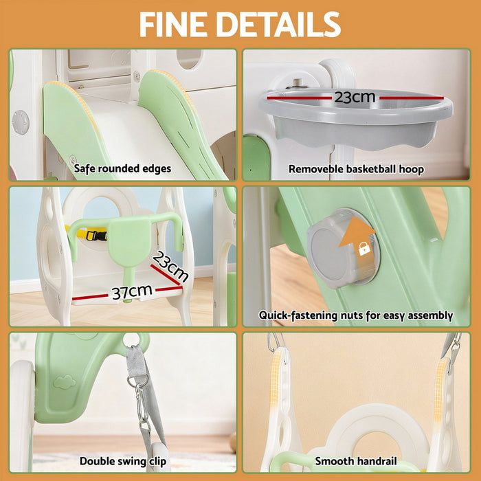 Kids Slide Swing Set Basketball Hoop Ring Football Outdoor Toys 140cm Green