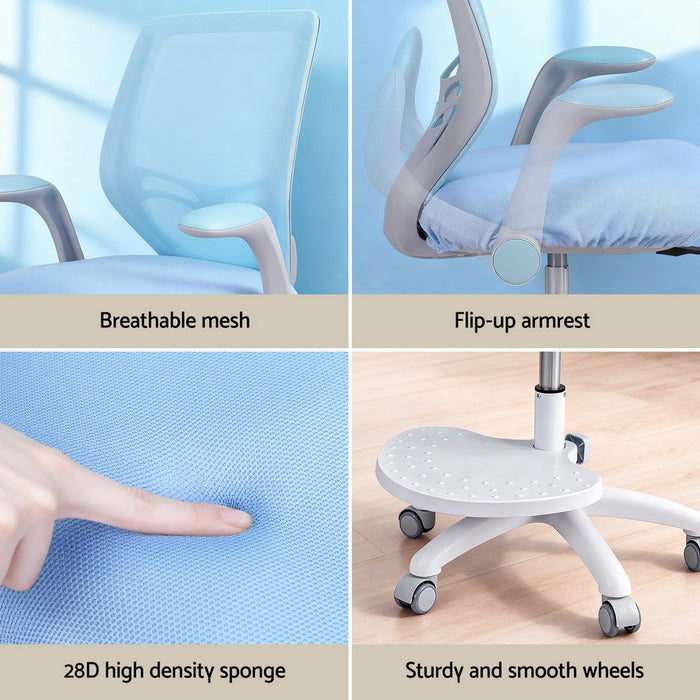 Kids Ergonomic Study Chair Adjustable W/ Wheels Footrest Blue