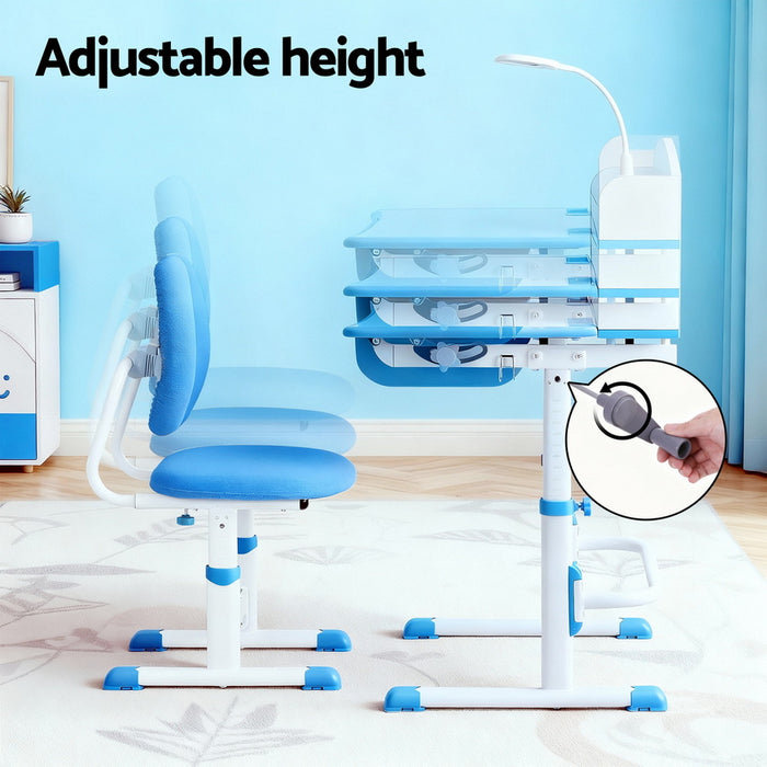 Kids Study Desk Chair Set Adjustable Ergonomic Table Led Lamp Blue