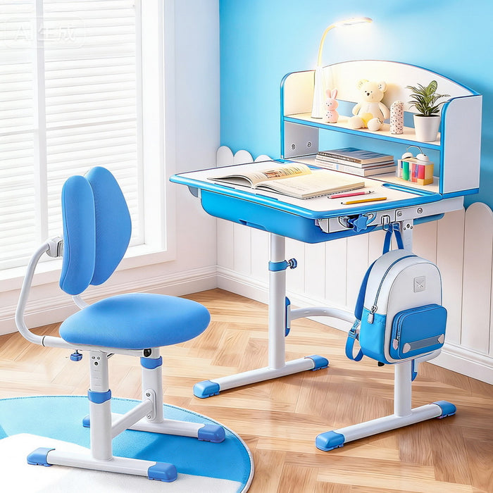 Kids Study Desk Chair Set Adjustable Ergonomic Table Led Lamp Blue