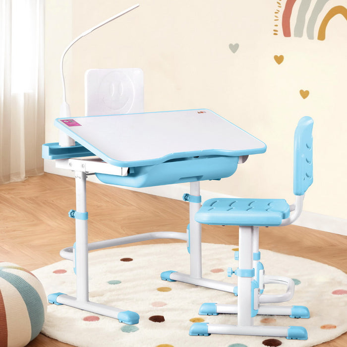Kids Table And Chair Set Adjustable Study Desk W/ Led Lamp Reading Blue