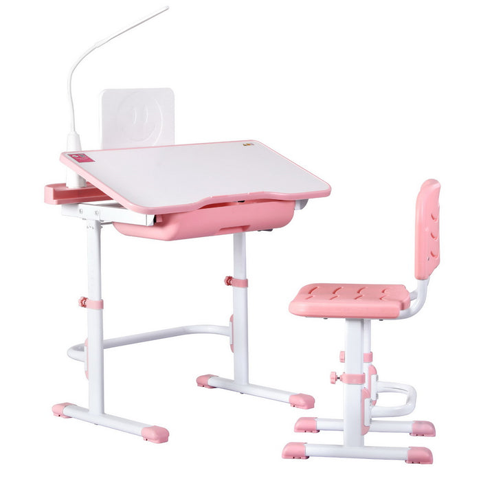 Kids Table And Chair Set Adjustable Study Desk W/ Led Lamp Reading Pink