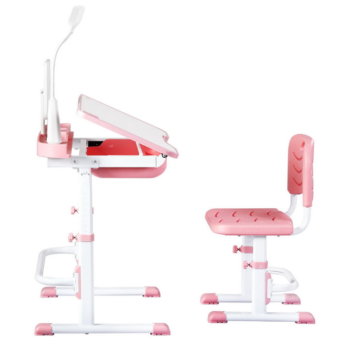 Kids Table And Chair Set Adjustable Study Desk W/ Led Lamp Reading Pink