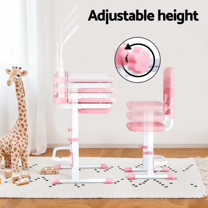 Kids Table And Chair Set Adjustable Study Desk W/ Led Lamp Reading Pink