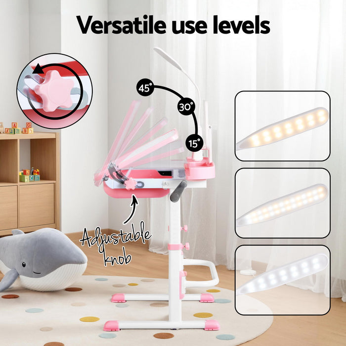 Kids Table And Chair Set Adjustable Study Desk W/ Led Lamp Reading Pink