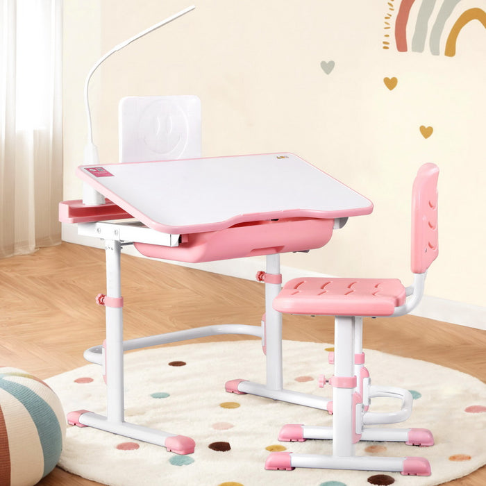 Kids Table And Chair Set Adjustable Study Desk W/ Led Lamp Reading Pink
