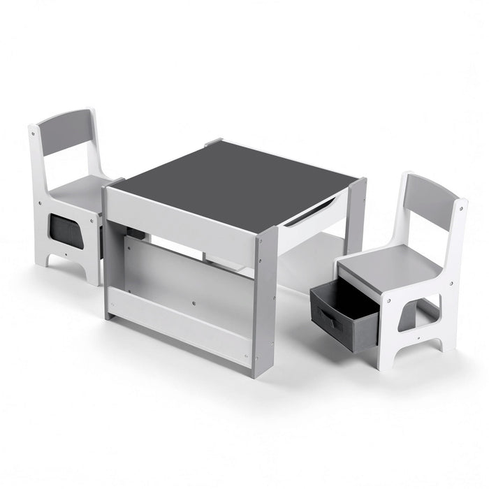 Kids Table And Chair Set, 4 In 1 Wooden Activity Table With Bookcase, Storage Box And Detachable Blackboard, Toddler Table And 2 Chairs Set, Grey