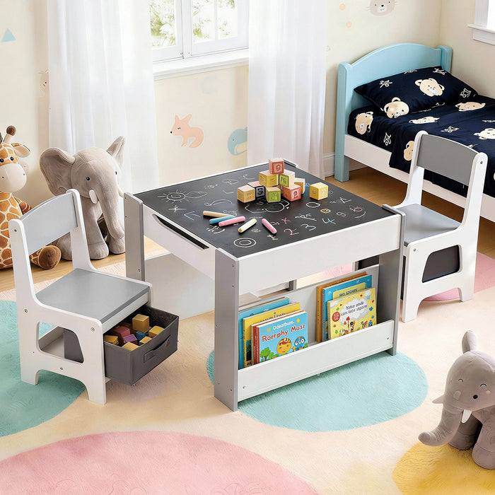 Kids Table And Chair Set, 4 In 1 Wooden Activity Table With Bookcase, Storage Box And Detachable Blackboard, Toddler Table And 2 Chairs Set, Grey