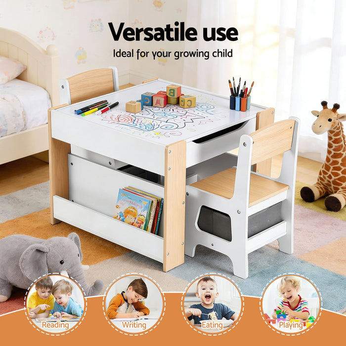 Kids Table And Chair Set, 4 In 1 Wooden Activity Table With Bookcase, Storage Box And Detachable Blackboard, Toddler Table And 2 Chairs Set, Natural