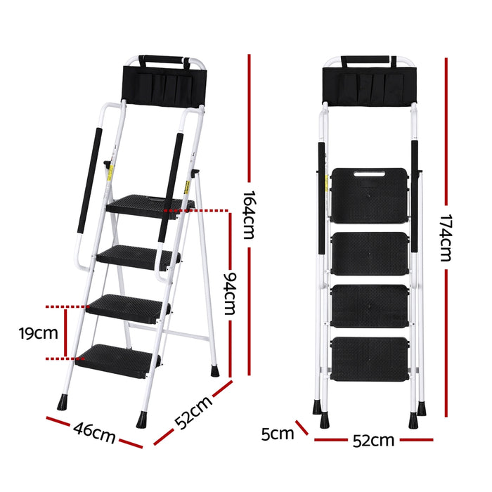 4 Step Ladder Multi-Purpose Folding Steel Platform Tool Bag Handrails