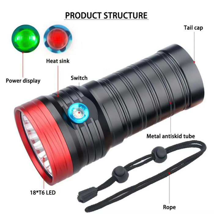 3-Gear Led Flashlight 5400Lm 4X18650 Batteries Red / Black