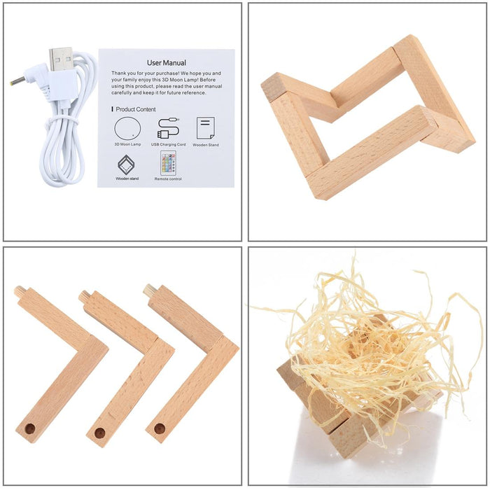 Touch Control 3D Print Moon Lamp 8Cm Usb Charging 7-Colour Led Wooden Base