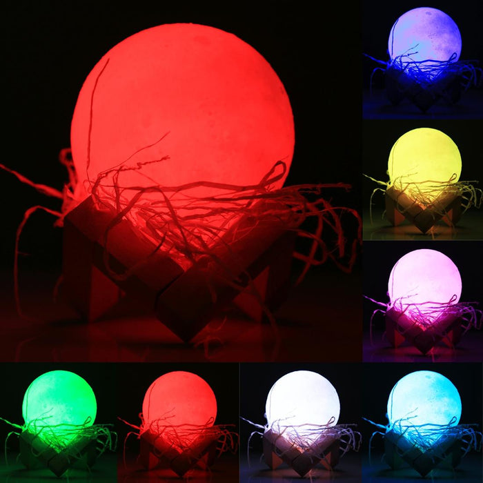 Touch Control 3D Print Moon Lamp 8Cm Usb Charging 7-Colour Led Wooden Base