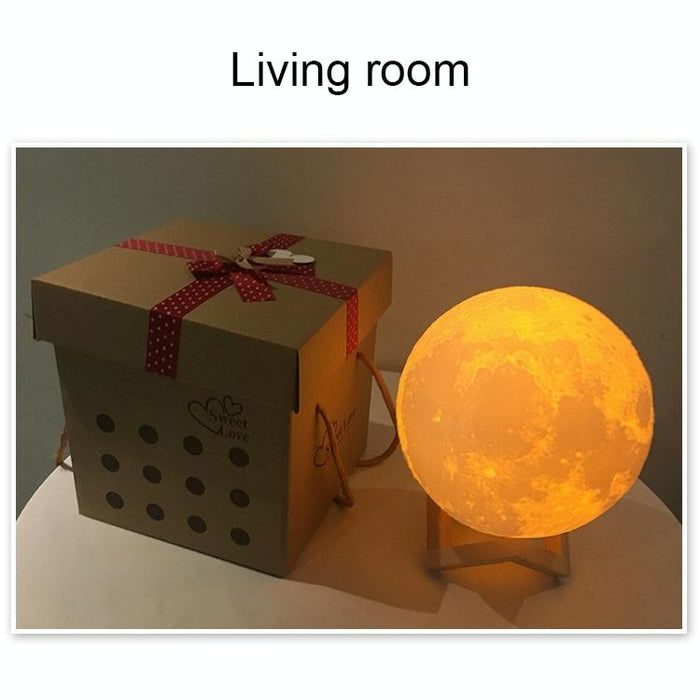 Touch Control 3D Print Moon Lamp 8Cm Usb Charging 7-Colour Led Wooden Base