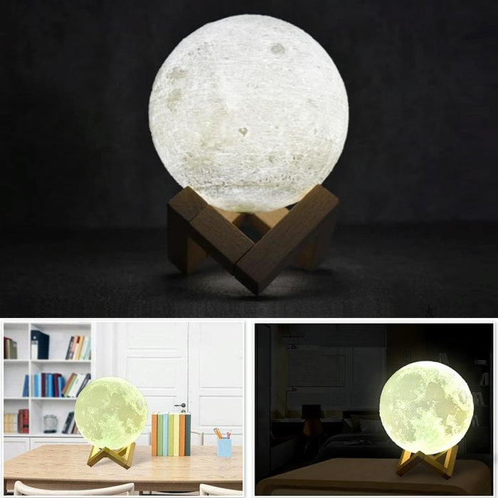 Touch Control 3D Print Moon Lamp 8Cm Usb Charging 7-Colour Led Wooden Base