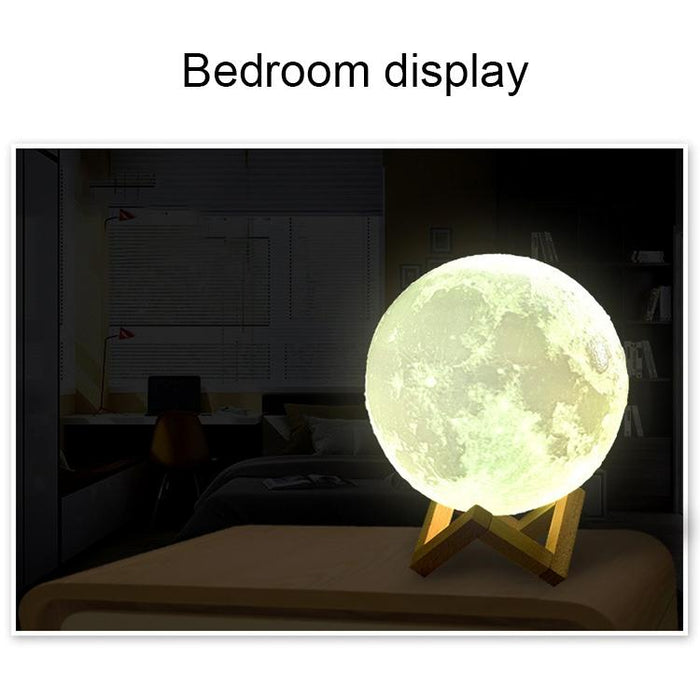 15Cm 3D Print Moon Lamp Touch Control Usb Charging White + Yellow Light Wooden Base
