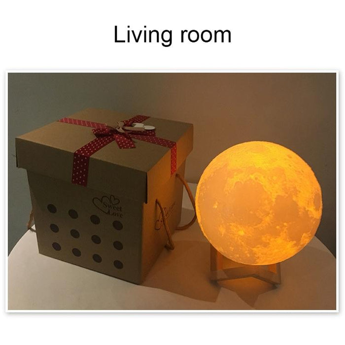 15Cm 3D Print Moon Lamp Touch Control Usb Charging White + Yellow Light Wooden Base