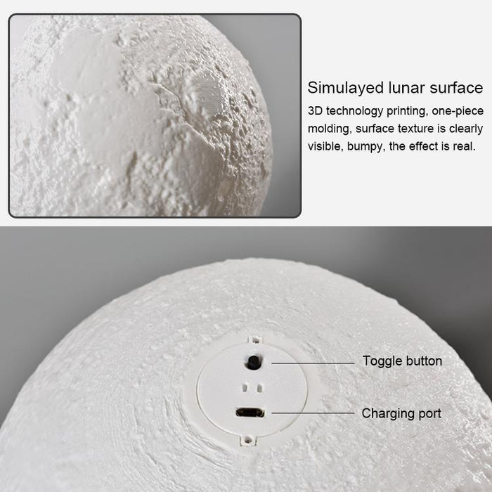 15Cm 3D Print Moon Lamp Touch Control Usb Charging White + Yellow Light Wooden Base