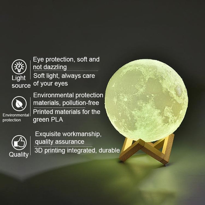 15Cm 3D Print Moon Lamp Touch Control Usb Charging White + Yellow Light Wooden Base