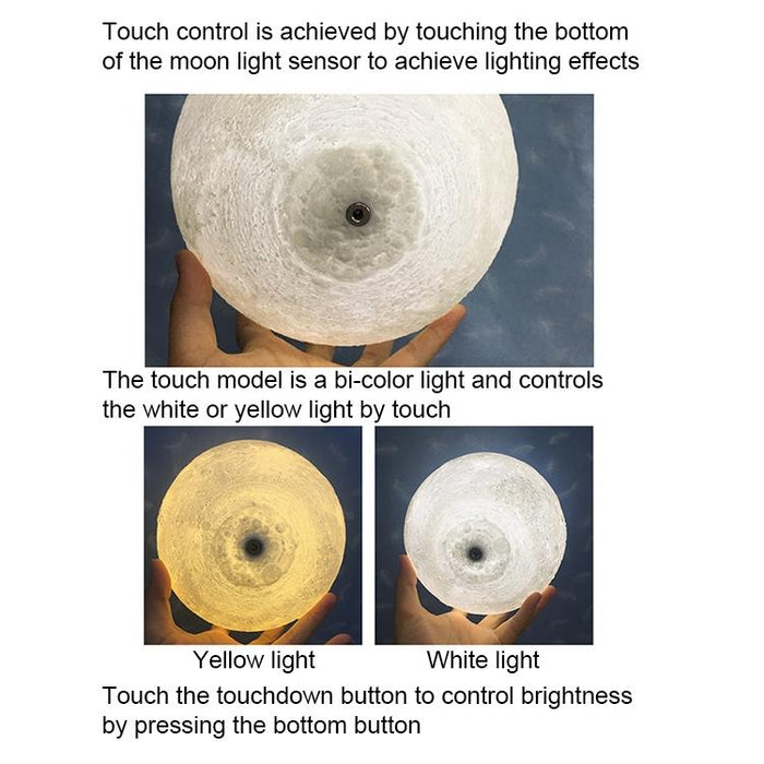 15Cm 3D Print Moon Lamp Touch Control Usb Charging White + Yellow Light Wooden Base