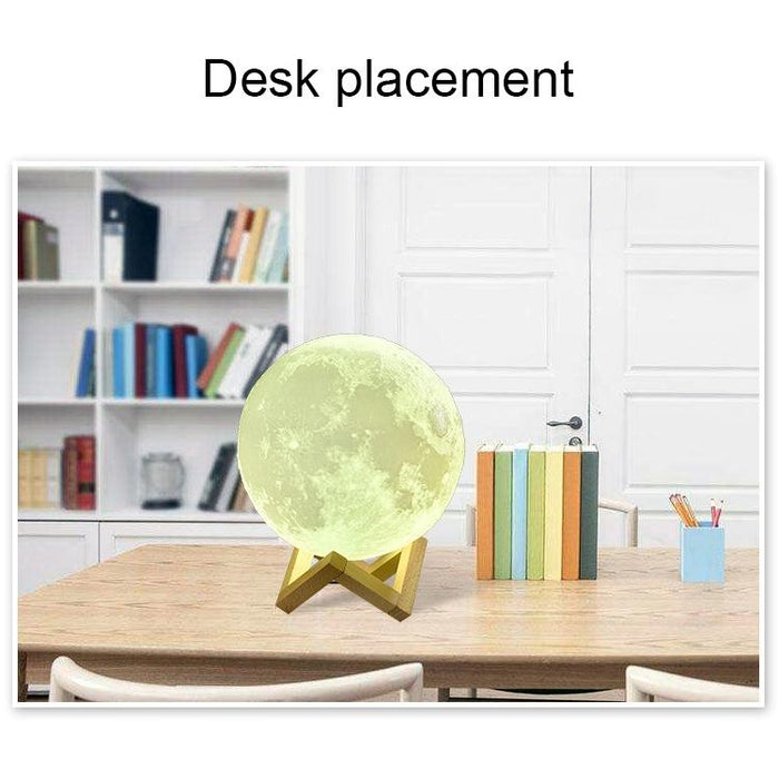 15Cm 3D Print Moon Lamp Touch Control Usb Charging White + Yellow Light Wooden Base