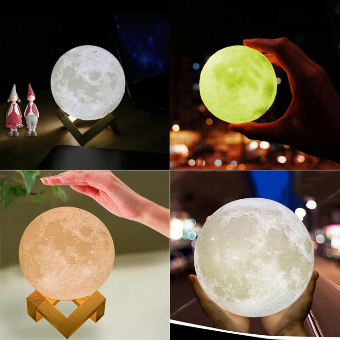 16-Colour 8Cm 3D Moon Lamp With Touch Control & Remote Usb Charging Wooden Base
