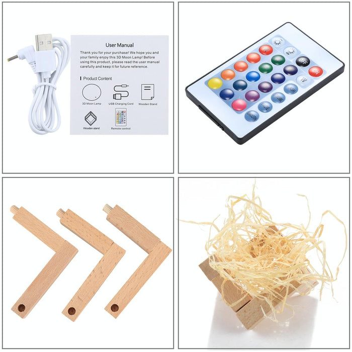 16-Colour 8Cm 3D Moon Lamp With Touch Control & Remote Usb Charging Wooden Base