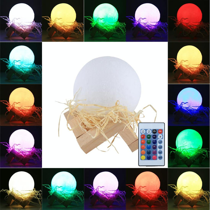 16-Colour 8Cm 3D Moon Lamp With Touch Control & Remote Usb Charging Wooden Base