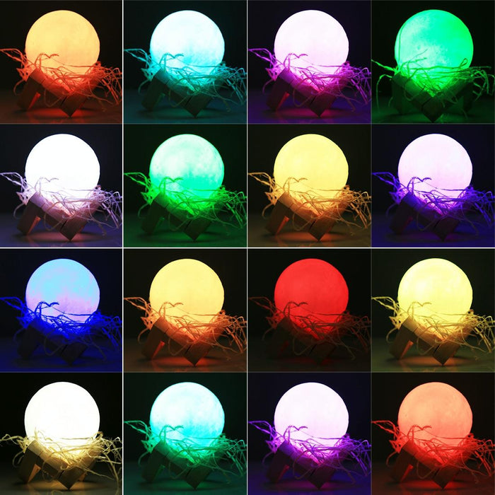 16-Colour 8Cm 3D Moon Lamp With Touch Control & Remote Usb Charging Wooden Base